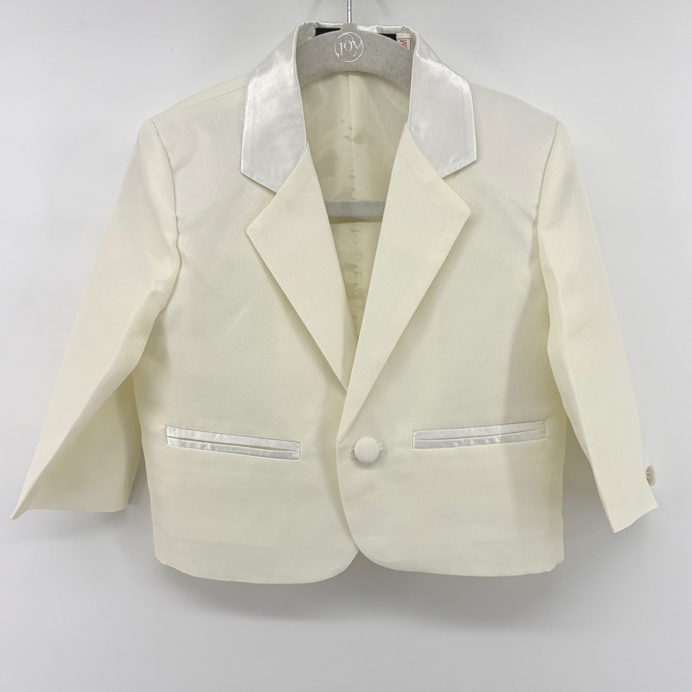 Weikexi Toddler Boys 3-Piece Formal Suit Set Cream Satin Trim 12M Wedding Blazer